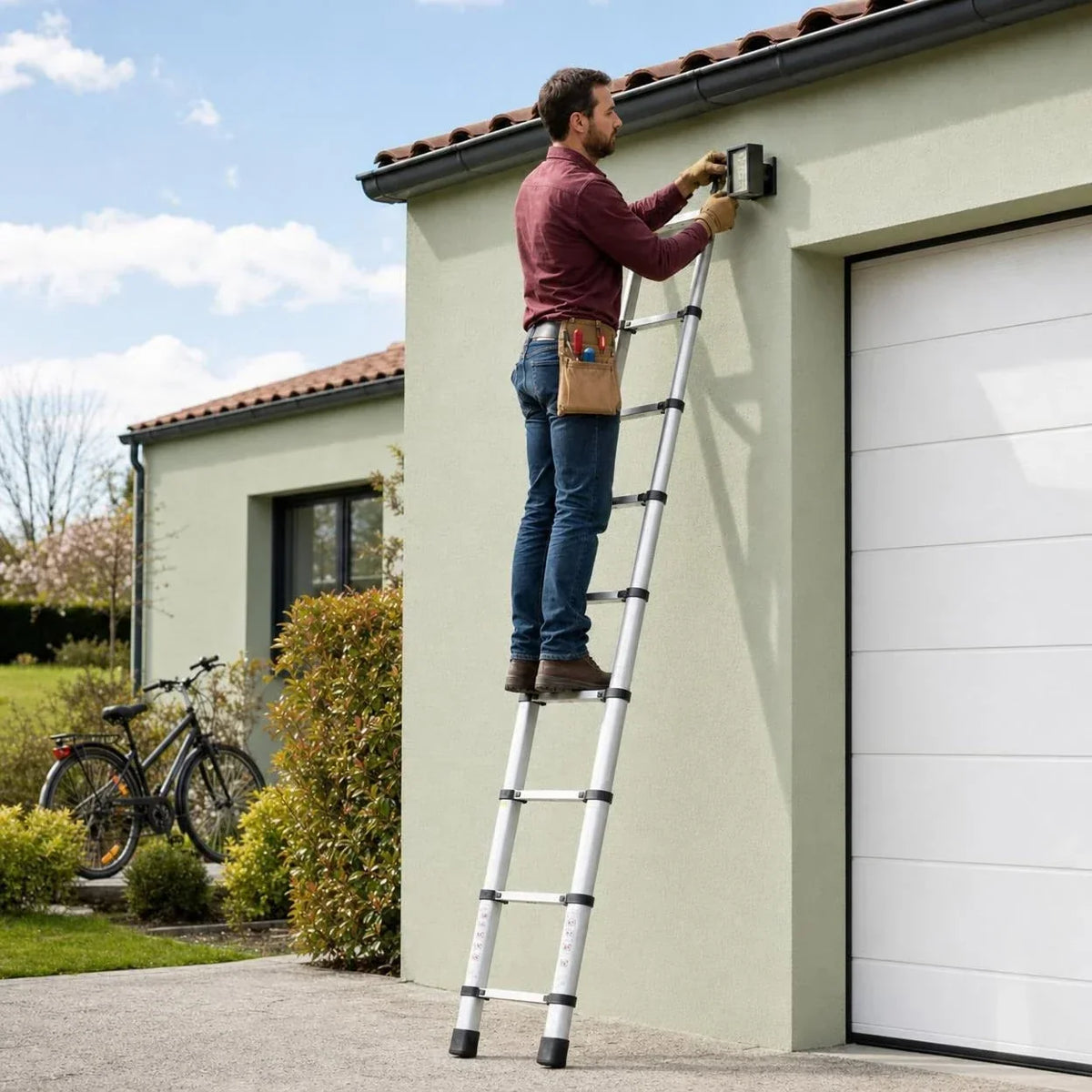 Escalera telescópica 3,8 m Pro, extendida, apoyada en la fachada junto a la puerta del garaje