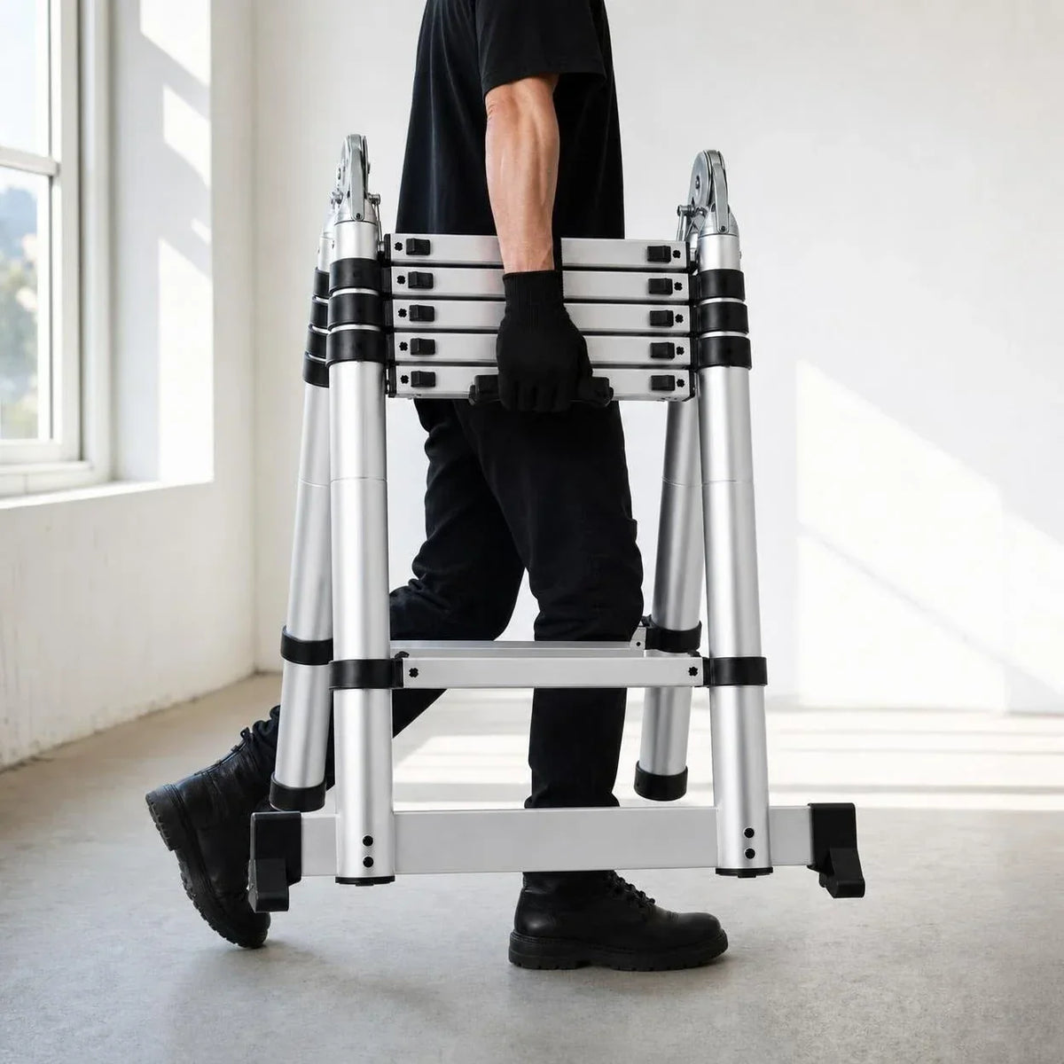 Escalera telescópica multiusos 3,8 m, plegada, en transporte