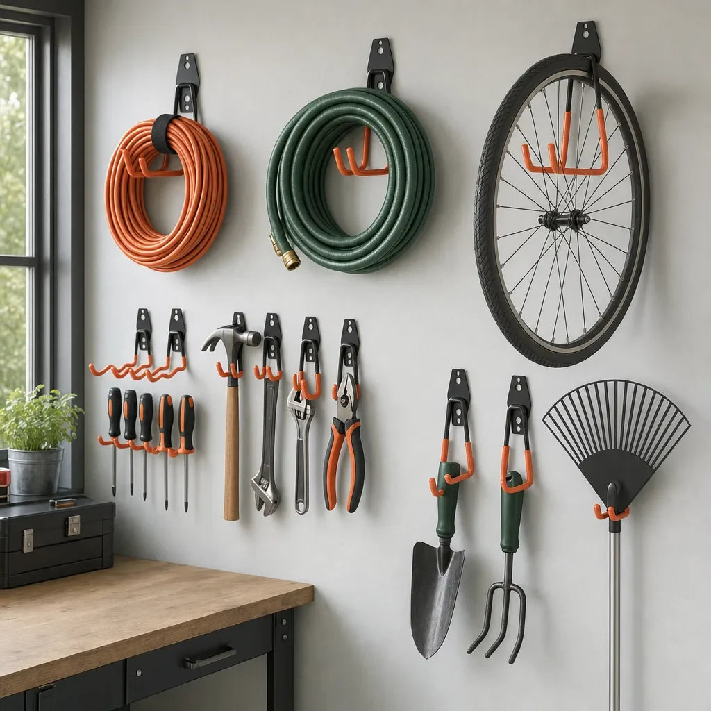 Pared de garaje organizada con ganchos para cables, manguera y herramientas