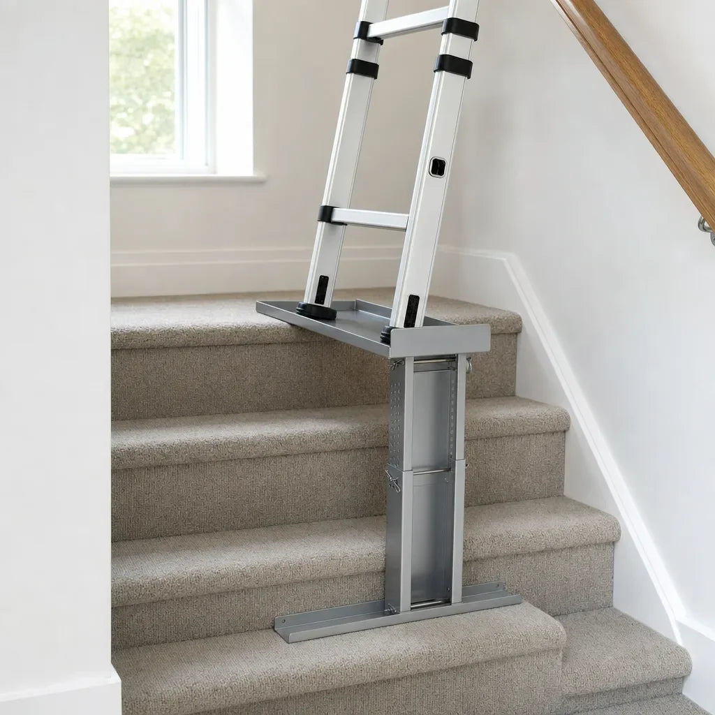 Nivelador de escalera sobre unos escalones con una escalera telescópica